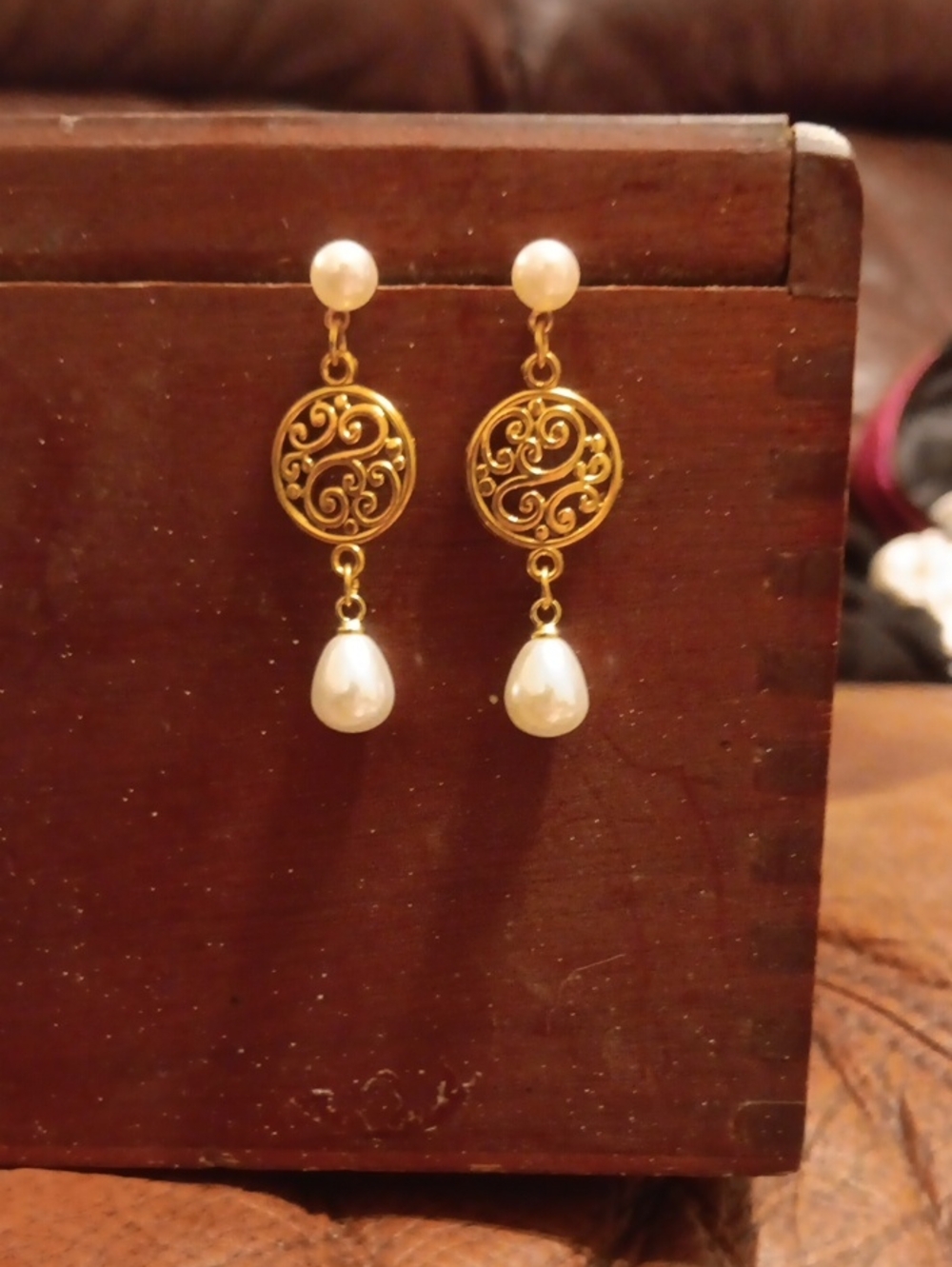 Gold Filigree Drop Earrings with Pearl Drops